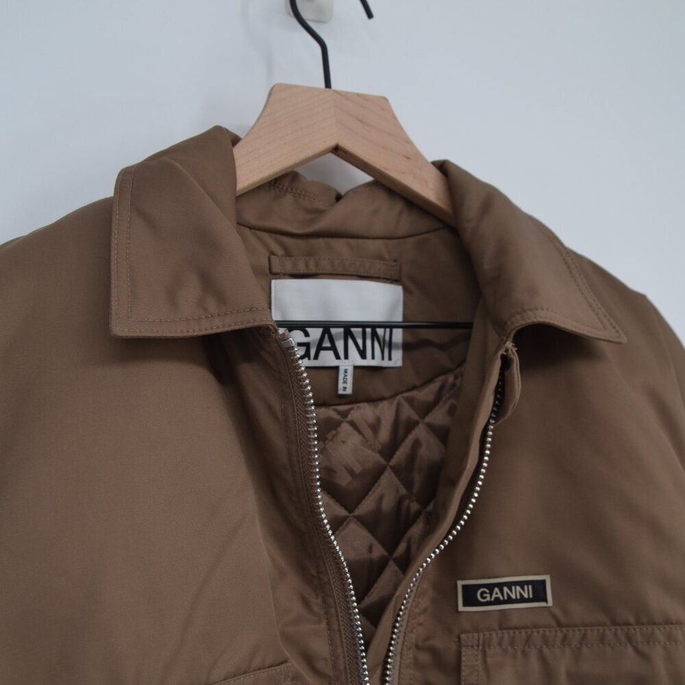 Ganni Outwear Nylon Cropped Bomber Jacket Fossil Brown Full Zip Womens 36 US 4 - Picture 6 of 8